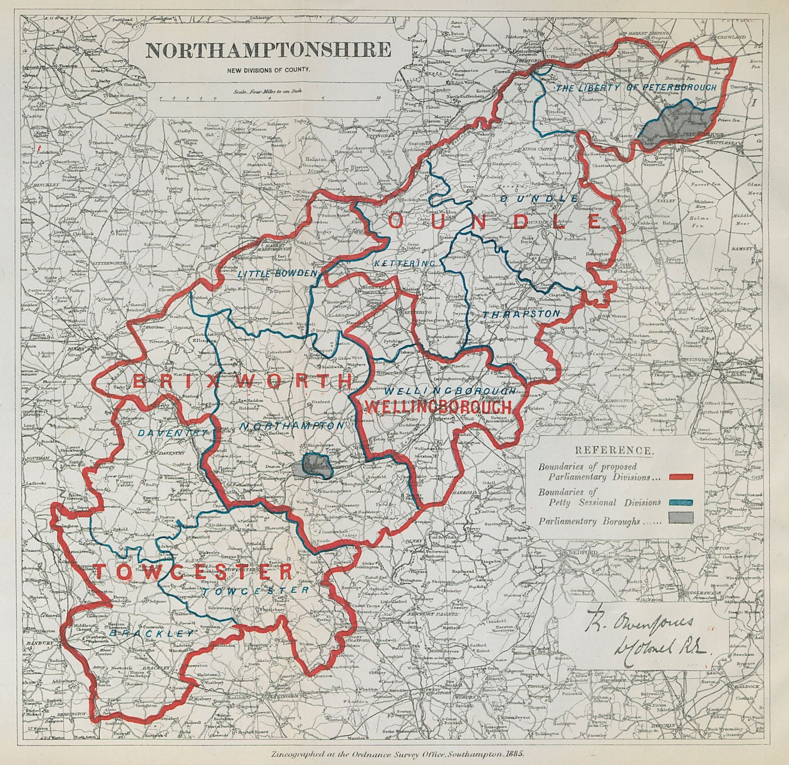 Northamptonshire Parliamentary Divisions. Oundle. BOUNDARY COMMISSION 1885 map